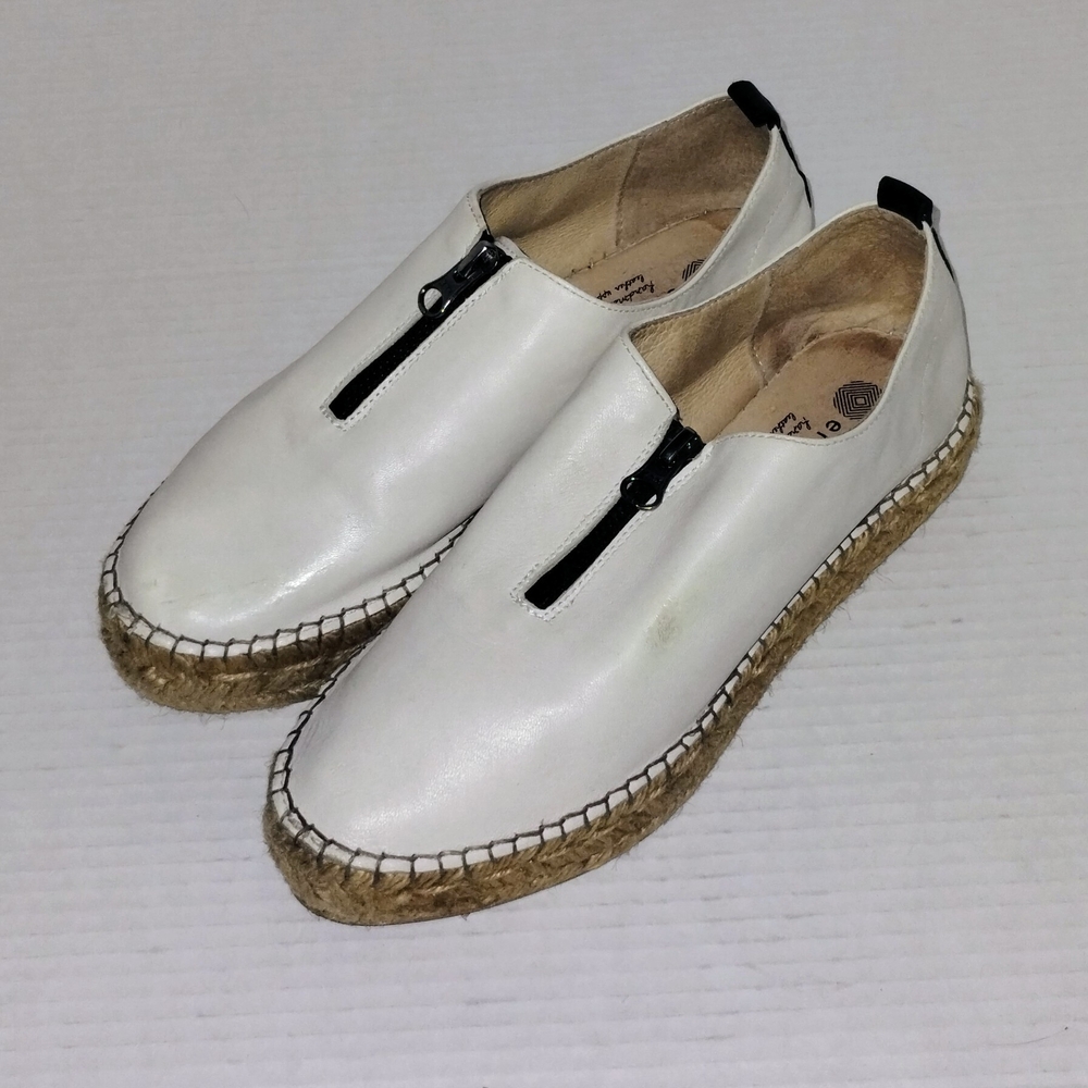Eric Michael White Leather Espadrille Slip-On with Black Zipper